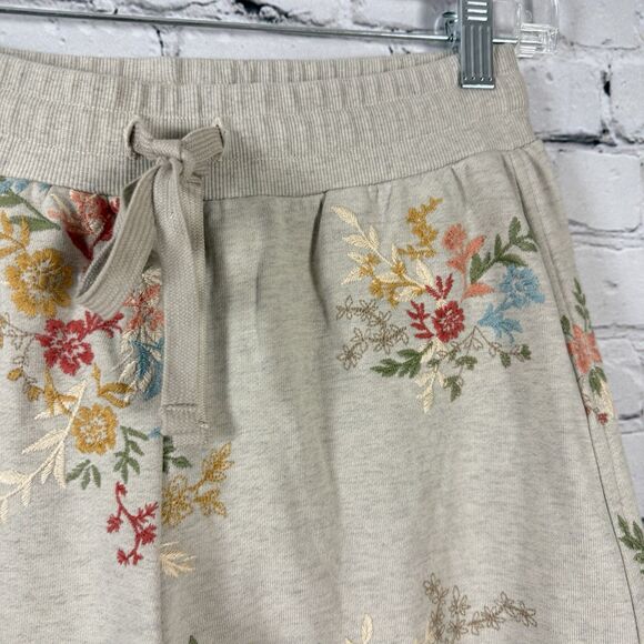 Driftwood Jeans French Terry Floral Embroidered Gathered Pants Tan Boho M - Picture 6 of 14